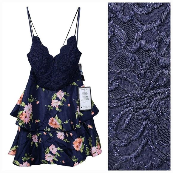 Macy's NWT Woman's Navy Floral Lace Up Formal Corset Prom Dress Homecoming Party - Picture 1 of 14